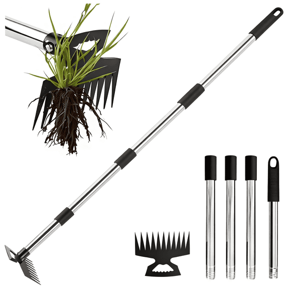 Merryhome Stand Up Weed Puller Tool, No Bending Long Handle Weed Remover, 60 Inch Heavy Duty Steel Rake & Hoe for Lawn and Yard