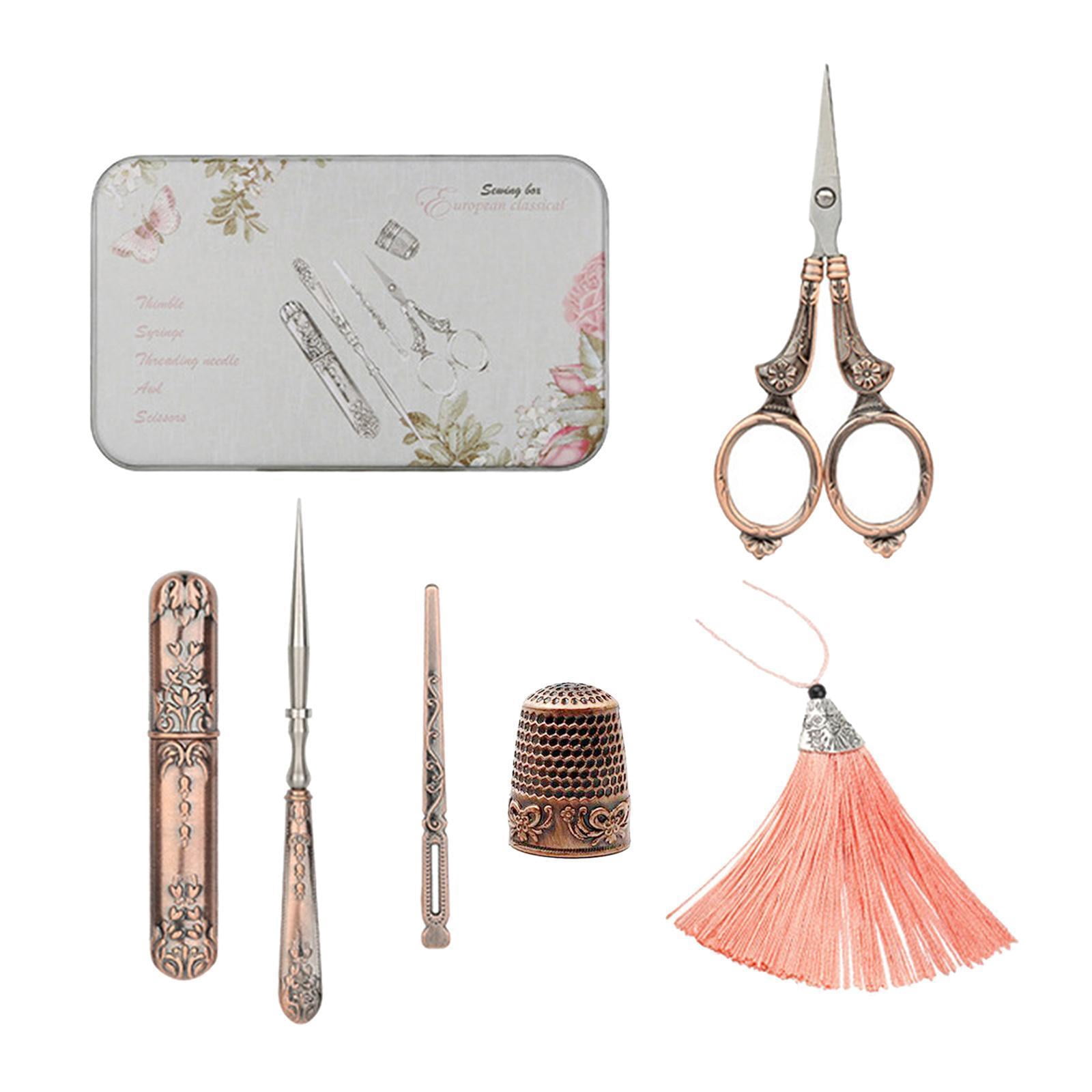 FVDPWYE 5Pcs/set Exquisite Vintage Scissors Set Scissors+Needle Storage Tube+Awl+Needle Royal court