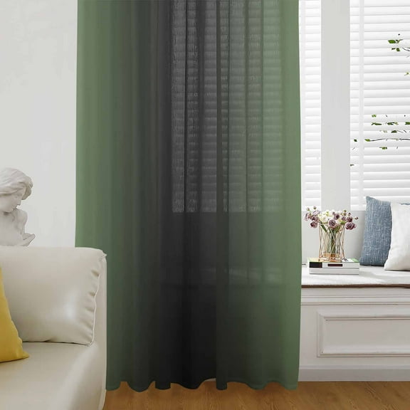 Green Black Ombre Semi Sheer Curtains Drapes for Living Room, Bedroom, French Doors Window 96 Inches Long, Modern Gradient Abstract Art Rod Pocket Chiffon Curtain Drapery Voile Draperies Panel