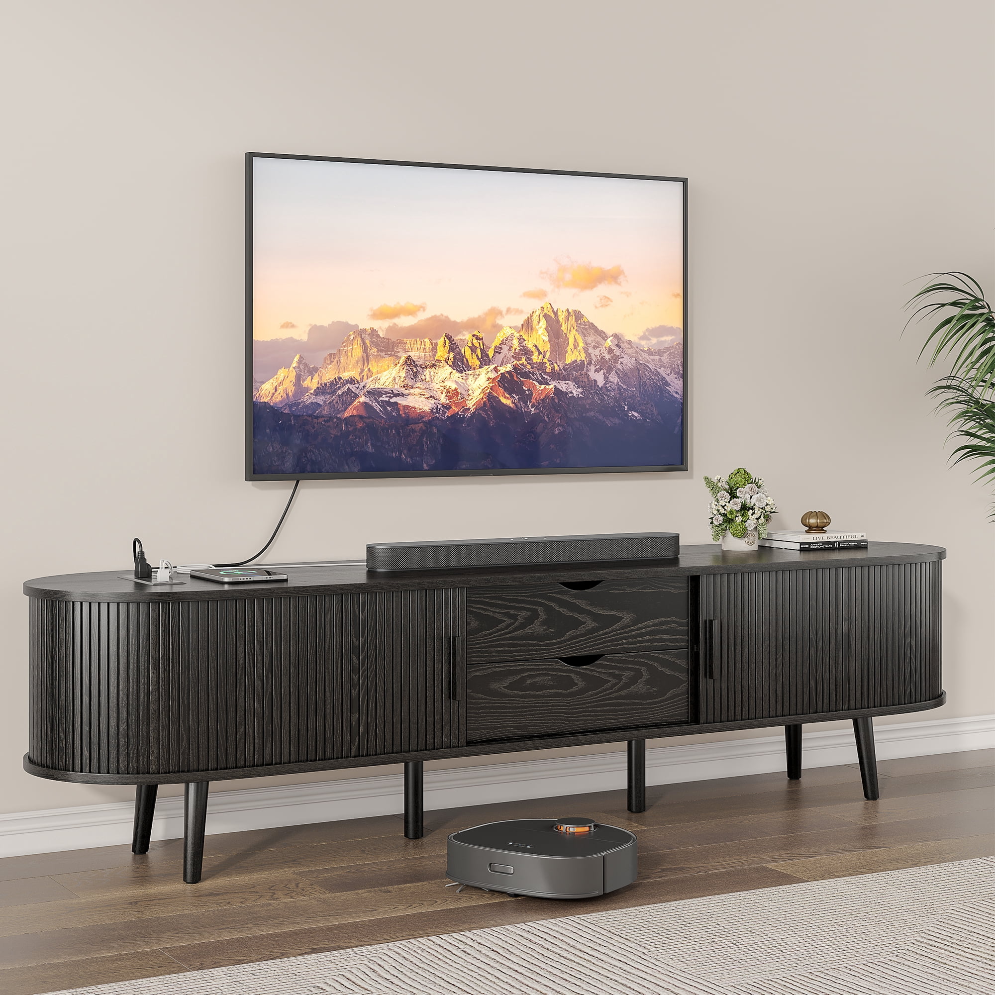 69" TV Stand with Charging Station and Drawers fit 65"- 75" TVs. Mid century Modern TV Stand, Wood Entertainment Center for Living Room and Bedroom, Media Console and Modern TV Console Table ,Black