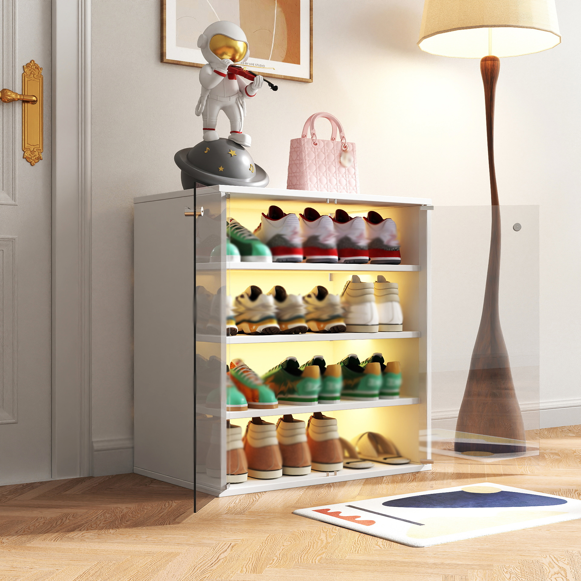Shoe Boxes with LED Light,4 Tier Wooden Stackable Shoe Storage Box with Glass Door,White