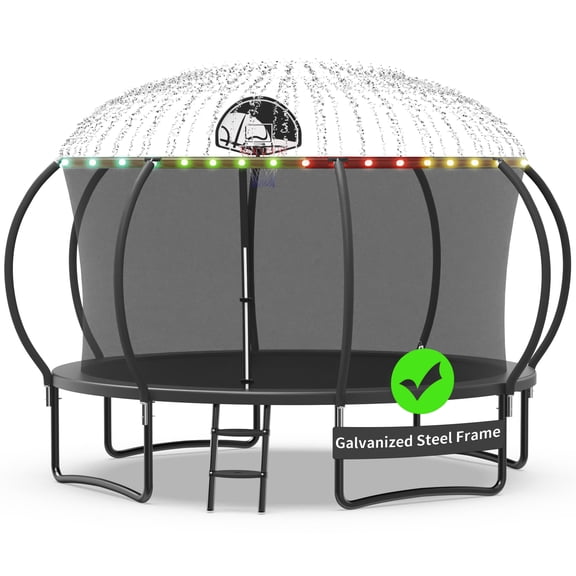 Kacho Trampoline with Enclosure Net for Kids and Adults, 1200LBS Capacity 12FT Trampoline with Basketball Hoop, Ladder, LED Lights, Sprinkler, Outdoor Heavy Duty Trampoline, Black