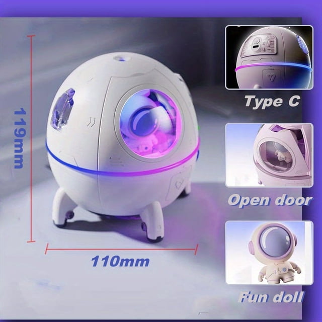 1pc 220ML Rechargeable Space Capsule Air Humidifier, USB Ultrasonic Cool Mist Aromatherapy Water Diffuser With Led Light Astronaut