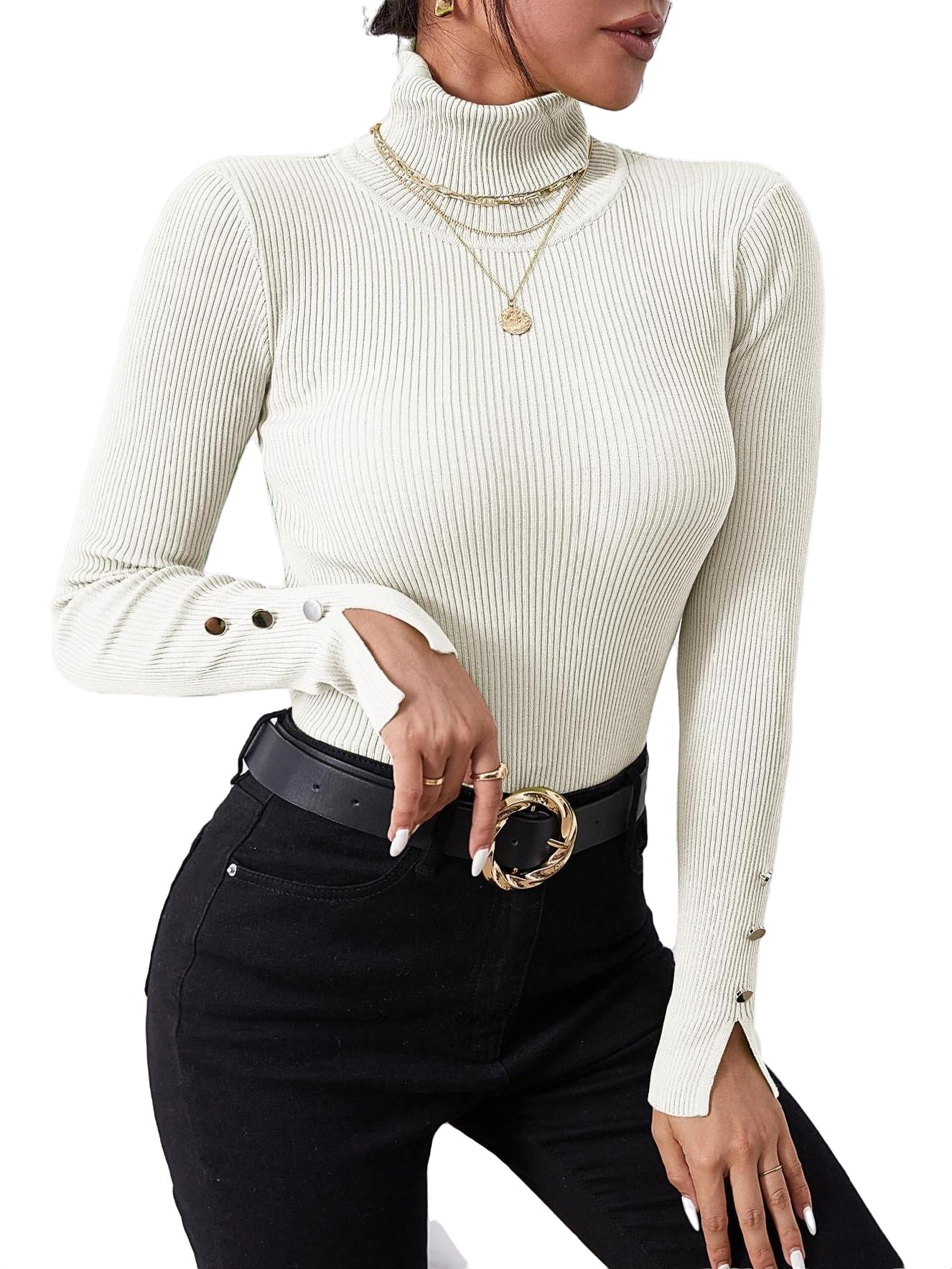 Womens Sweaters Casual Plain High Neck Pullovers White L - Walmart.com