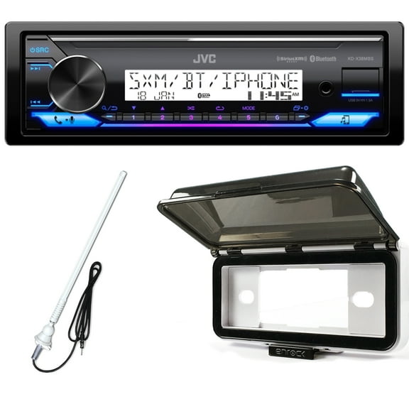 Single DIN Marine Motorsports Bluetooth USB AUX LED AM/FM Radio Stereo Receiver Bundle Combo with Marine Single DIN Radio Dash Protector (White), AM/FM Antenna (White)