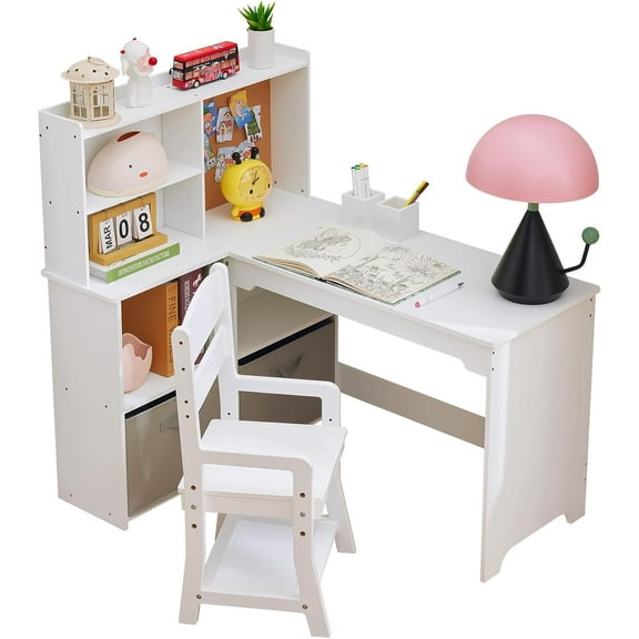 Kids Study Desk with Chair,L Shape Kids Desk and Chair Sets with Hutch and Storage Cabinet,Wooden Children Study Table,Student Writing Table Computer Workstation