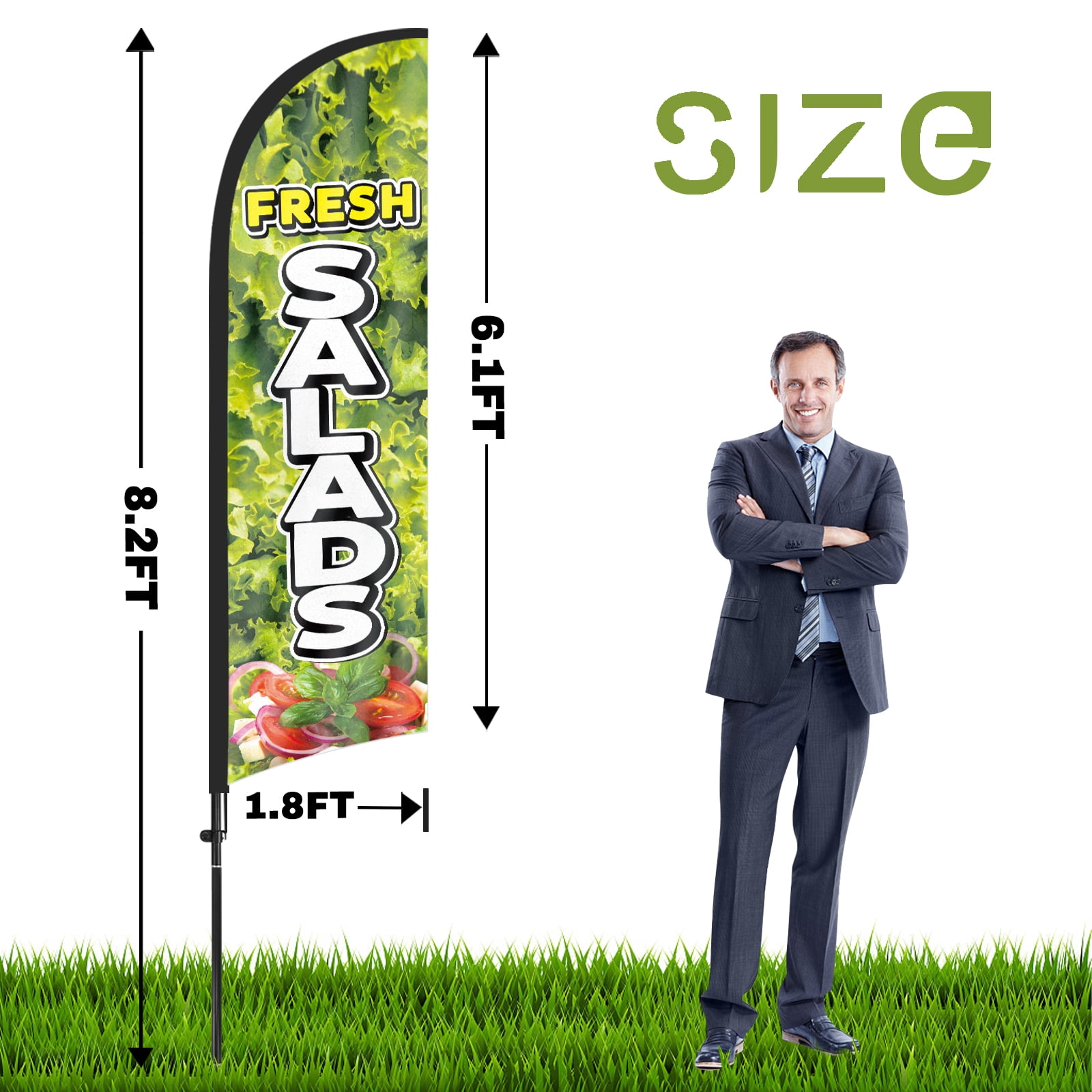 QSUM Fresh Salads Feather Flag with Flag Pole Kit and Ground Spike, 8.2FT Fresh Salads Windless Flag Banner Sign Business for Outdoor Advertising Sign Decoration Display