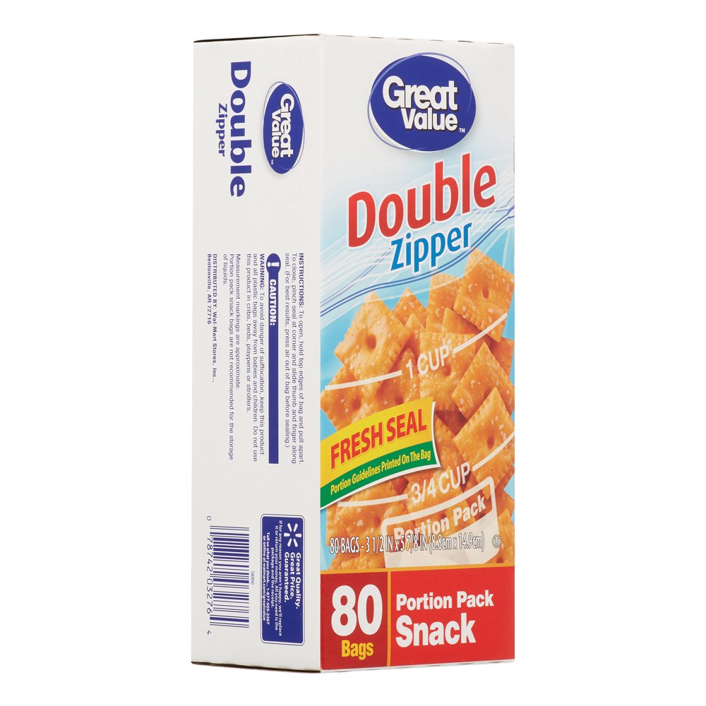 (3 pack) Great Value Double Zipper Snack Bags, 80 Count