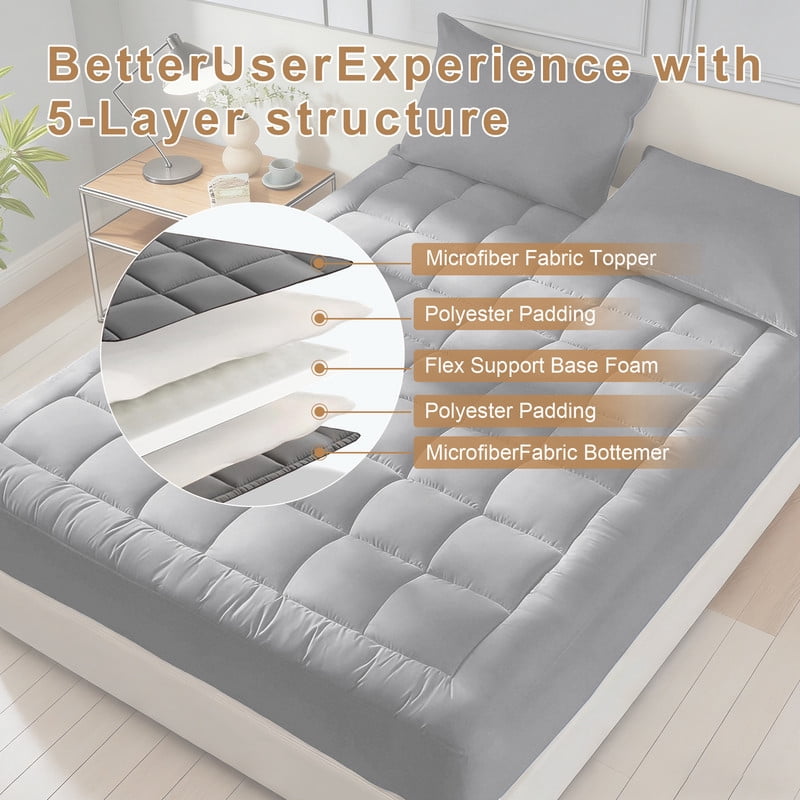 Cooling Grey Memory Foam Queen Mattress Topper, Extra Thick Mattress Pad for Back Pain Relief, Supportive Pillow Top Mattress Topper Queen with Deep Pocket Bed Topper