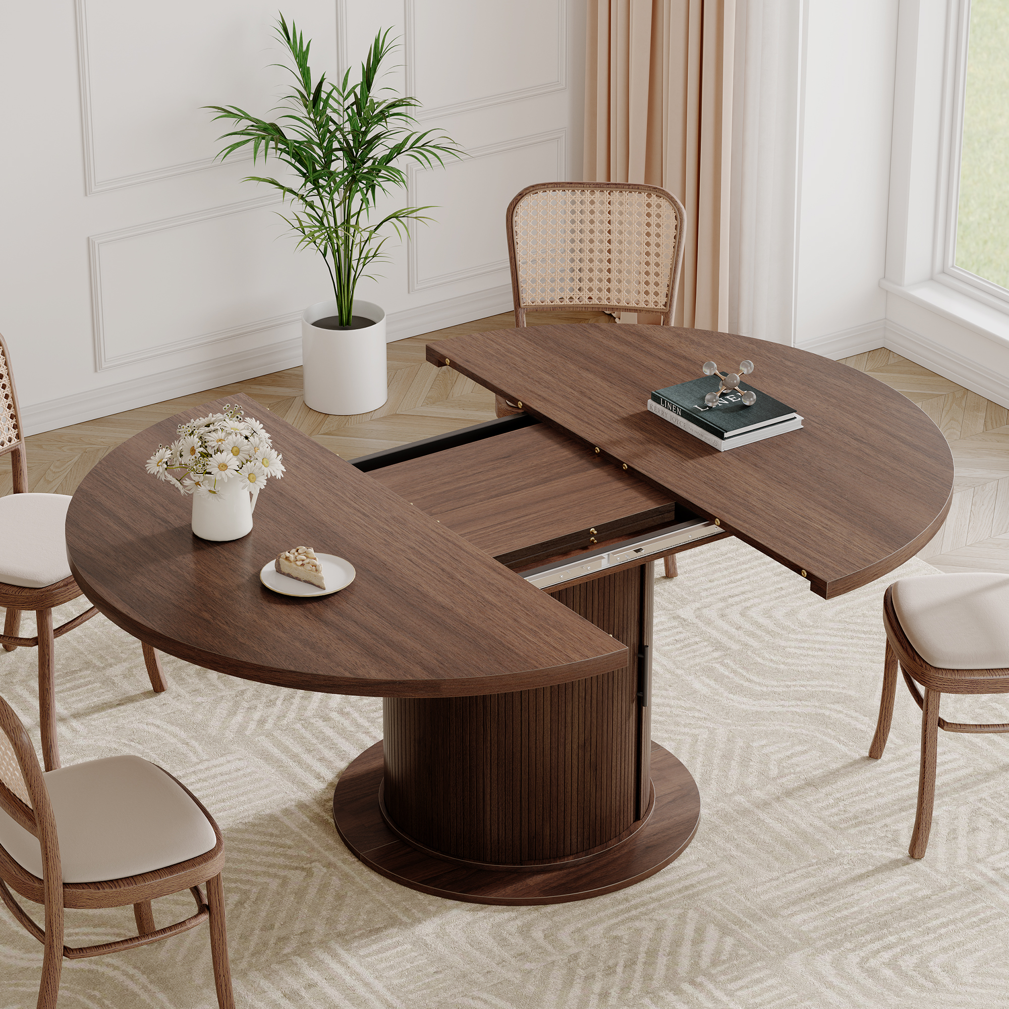 Round Dining Table for 4-8, Extendable Oval Kitchen Dining Room Table 47”-63” with Storage, Mid Century Modern Dinner Table, Walnut