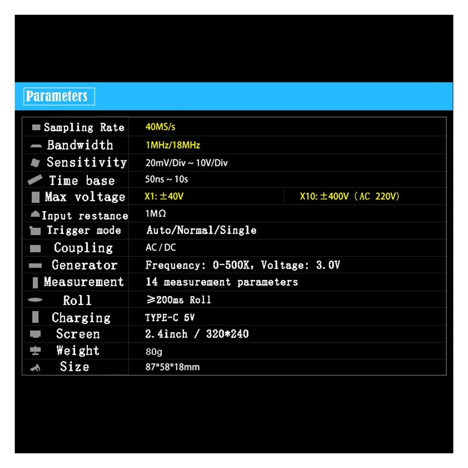 2.4inch Screen Digital Oscilloscope 1MHz&18MHz Analog Bandwidth Support Signal Generator 40MSa/s Sampling Rate ,Professional Designed