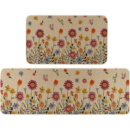 

Seasonal Floral Kitchen Rugs Set of 2 Spring Summer Flower Home Decor Low-Profile Kitchen Mats for Floor - 17x29 and 17x47 Inch