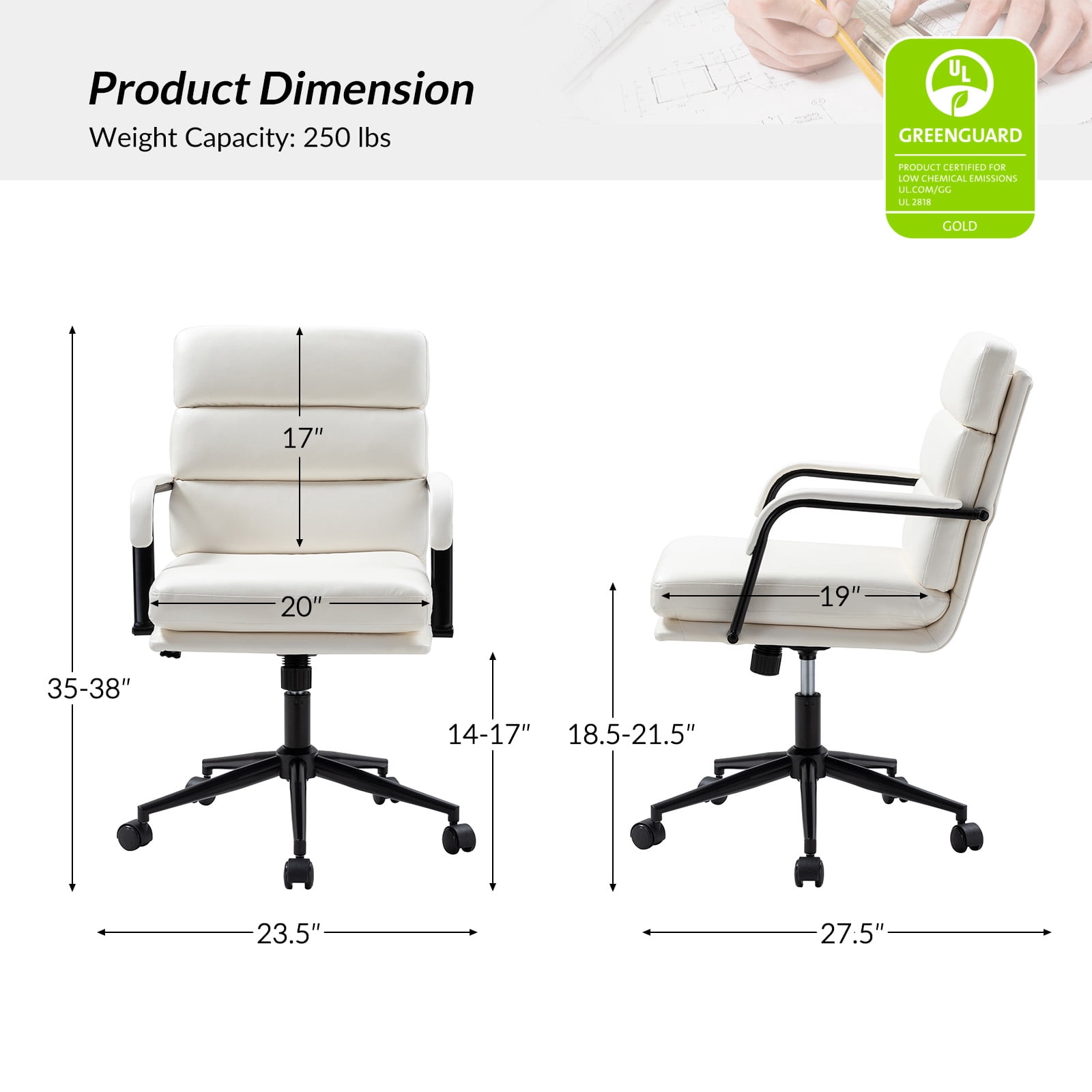 Faux Leather Home Office Chair, Swivel Task Desk Chair with Padded Cushion, White
