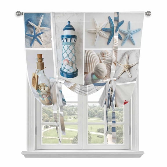 Blue Oceans Beach Balloon Curtains for Windows, Bedroom Curtains 54 Inch Length, Nautical Coastal Starfish Seashell Tie Up Curtains Panels Thermal Insulated Bathroom Curtains Window 42"x54"