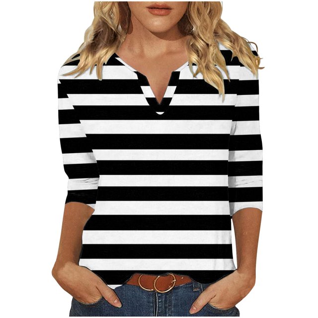 Hauts pour Femmes, Blouses pour Femmes, Mode Blouses Décontractées Amples à Rayures Imprimées T-Shirt Manches 3/4 Col en V, Hauts Décontractés pour Femmes
