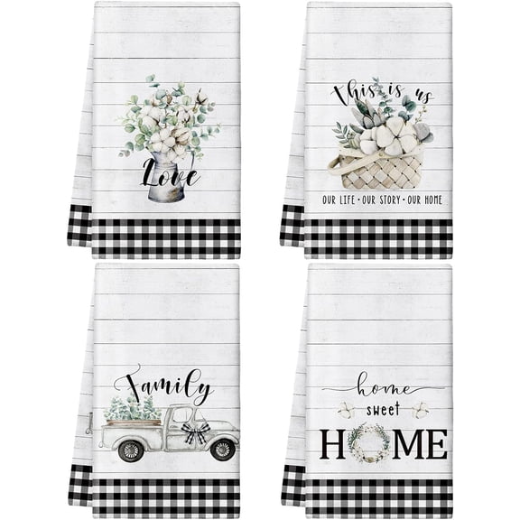 Black White Buffalo Plaid with Greenery Truck Kitchen Towel Set of 4, 16 x 24 inches, Absorbent, for Cooking and Baking
