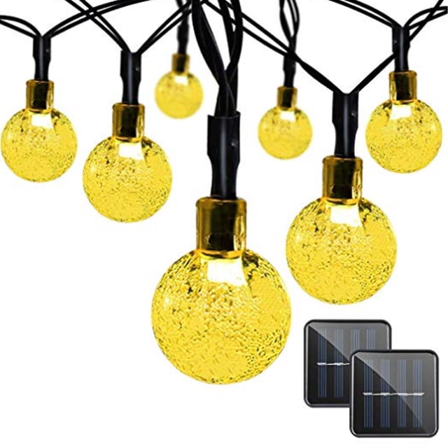 Cadena de luces solares para exteriores con función de memoria, 35 pies, 60 LED, bolas de cristal colgantes, encendido y apagado automático, luces de globo impermeables con energía solar para patio,