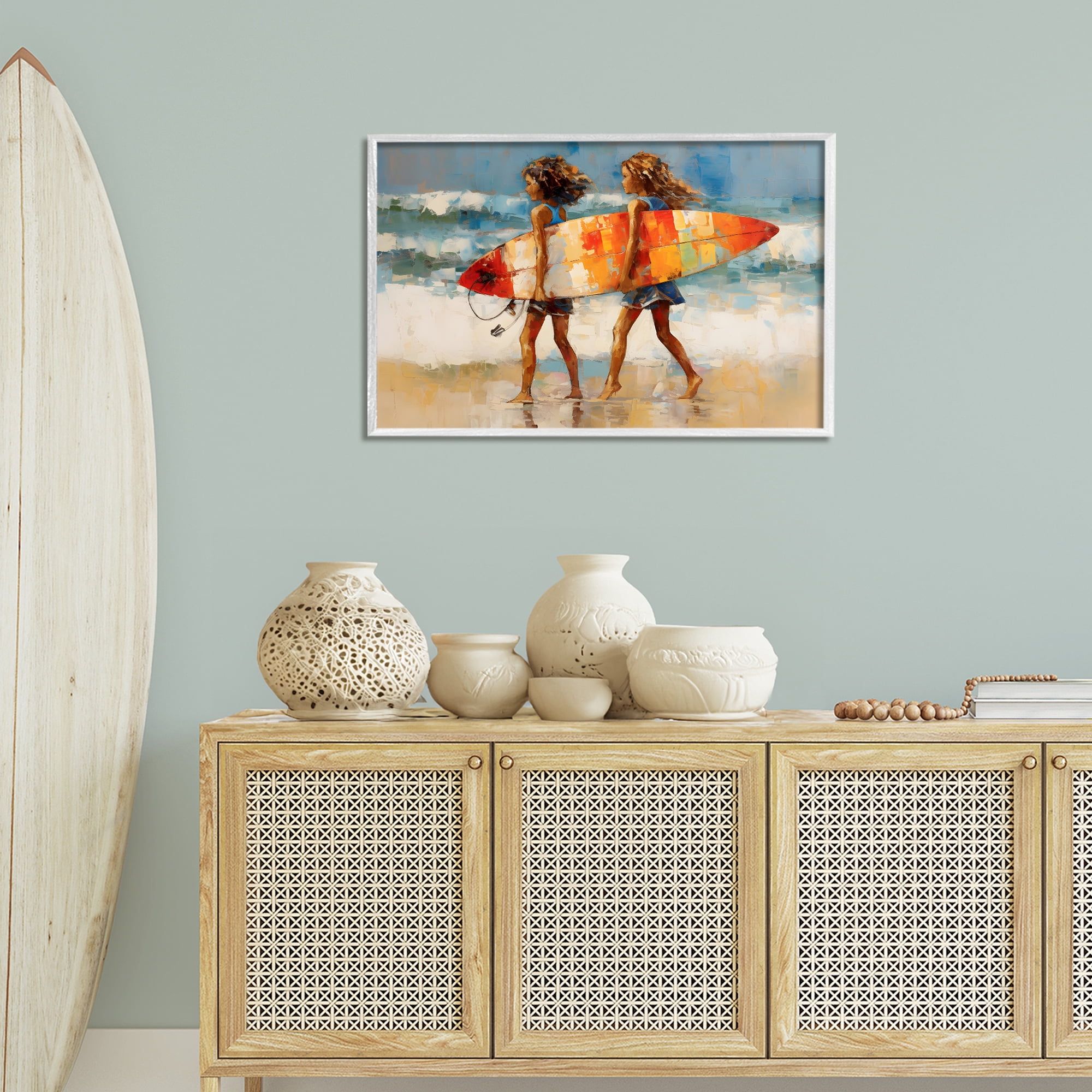 Stupell Industries Surfboard Kids Friends Sports Painting White Framed Art Print Wall Art, 30 x 20
