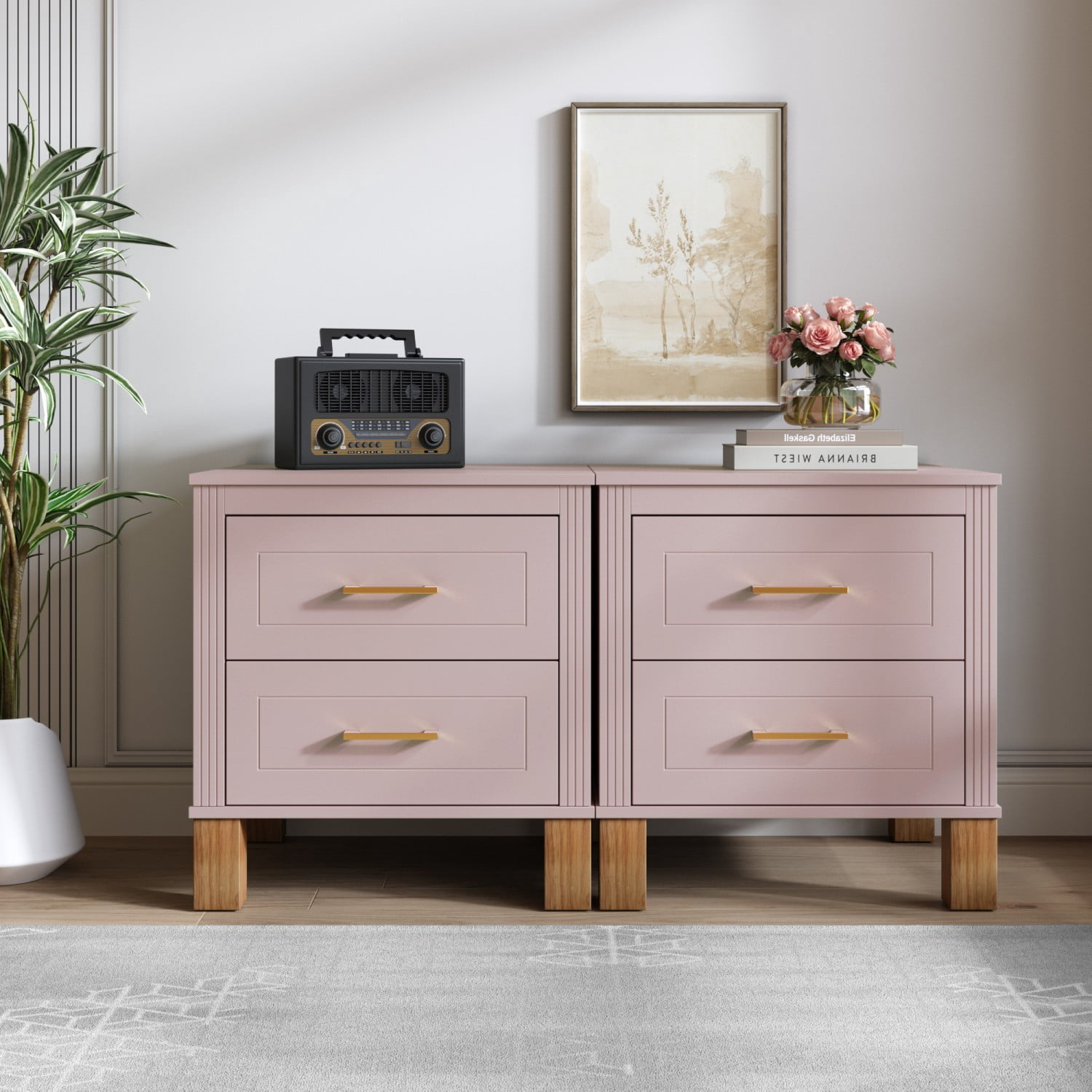 2 Drawer Nightstand with Solid Wood Legs, Fluted Bedside Table with Metal Handles, Tall Wood End Table Storage Cabinet for Bedroom, Living Room, Pink