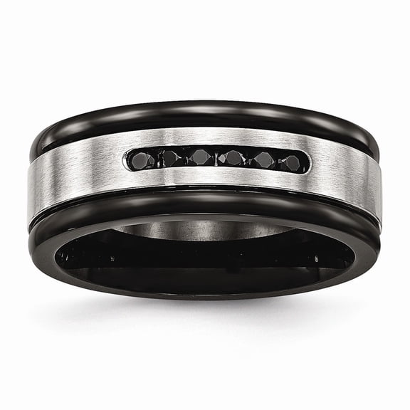 8mm Stainless Steel Brushed Polished Black Ip Grooved Blk Cubic Zirconia Ring - Size 10.5