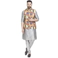 thumbnail image 1 of eloria Mens Kurta Pyjama Silk Dupion Kurta Churidar With Printed Cotton Blended Nehru jacket, 1 of 4