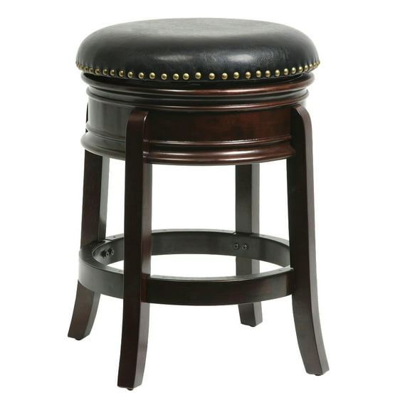 Swivel Counter Stool 24 Inch - Rustic Wood & Faux Leather Bar Stool - Brown & Black Finish