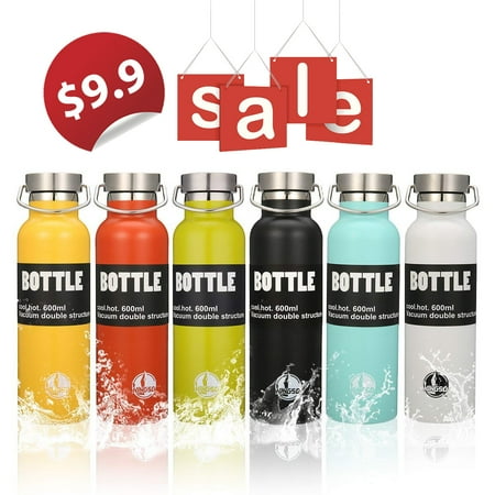 Blank Bottle Caps - Sports Water Bottle, KINGSO 600ml Double Wall Vacuum Insulated Stainless Steel Water Bottle Sweat Proof Standard Mouth with BPA Free Screw Cap for Hot or Cold Beverages