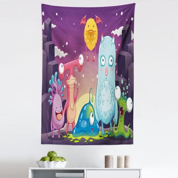Alien Tapestry, Funky and Happy Monsters Illustration on a Abstract Galactic Landscape, Fabric Wall Hanging Decor for Bedroom Living Room Dorm, 5 Sizes, Purple and Multicolor, by Ambesonne