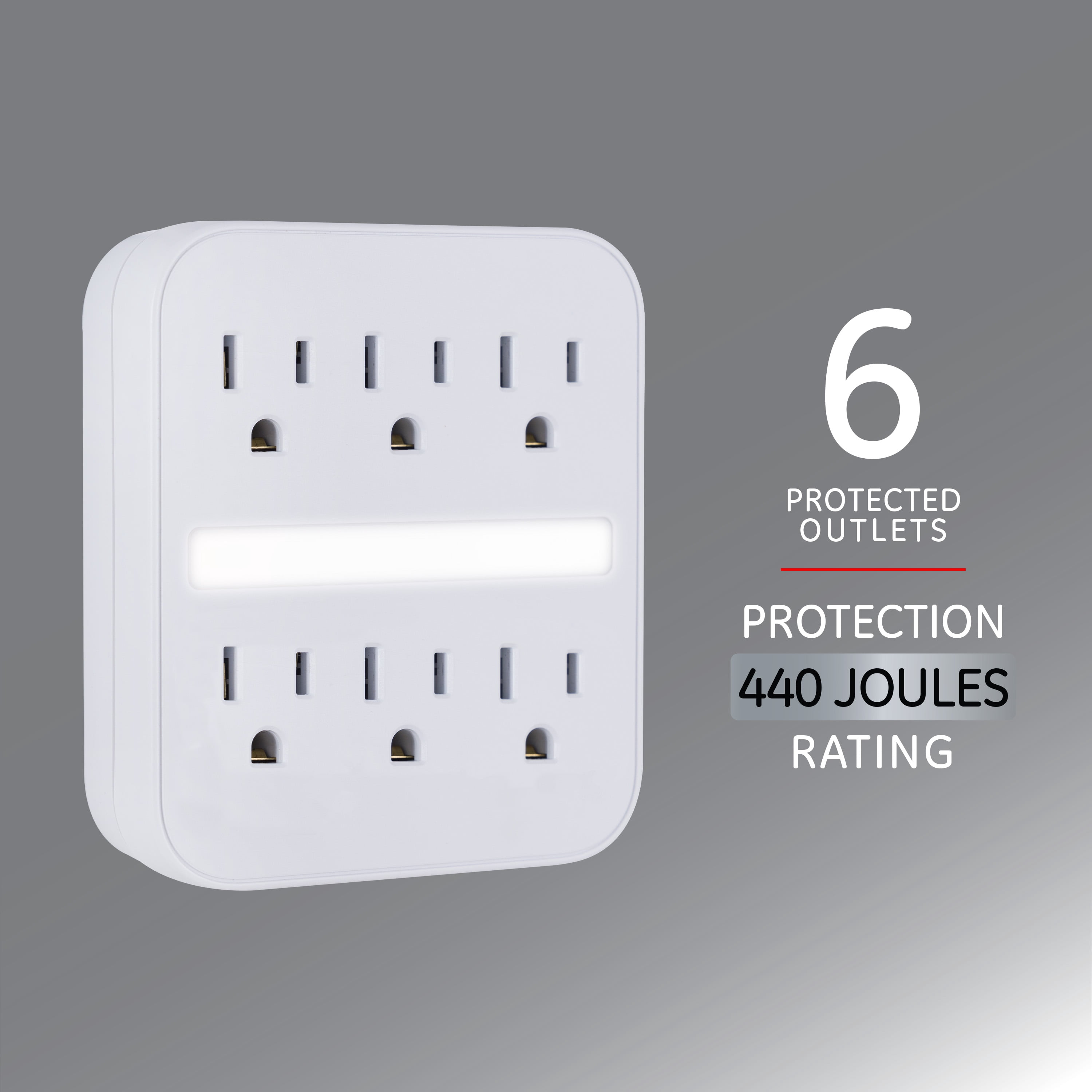 GE 6-Outlet Grounded Tap with LED Night Light, 440J, Light Sensing
