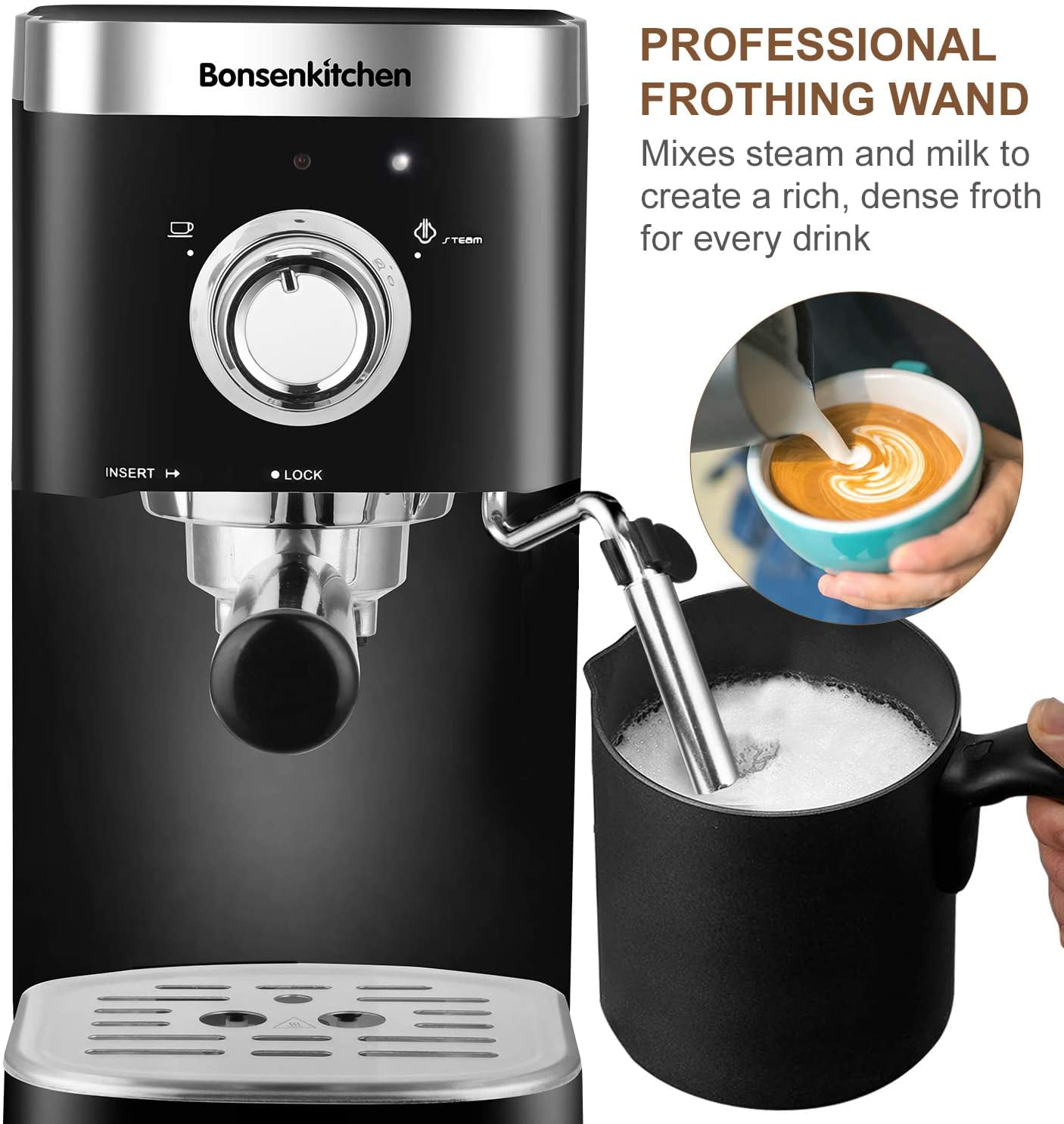 Bonsenkitchen Espresso Machine 15 Bar Expresso Coffee Maker with Milk  Frother Wand, Fast Heating Automatic Coffee Machines for Espresso,  Cappuccino Latte and Ma…
