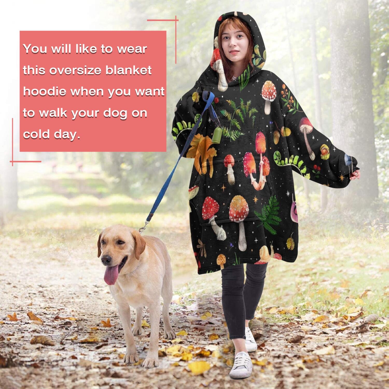 Red Mushroom Plant Black Pattern Wearable Oversized Blanket,Wearable Blanket Hoodie for Adults,Cozy Hooded Blankets with Super Pockets,Super Warm Fuzzy Pullover for Women & Men