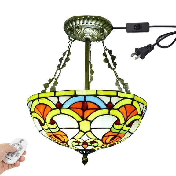 Kiven 11.8in Plug-in Flush Mount Ceiling Light Fixture, 2-Light Anti Glare Close to Ceiling Light with 15FT Cord, Tiffany-Style Glass Chandelier Dimmable for Bedroom Kitchen Hallway(No.3222)