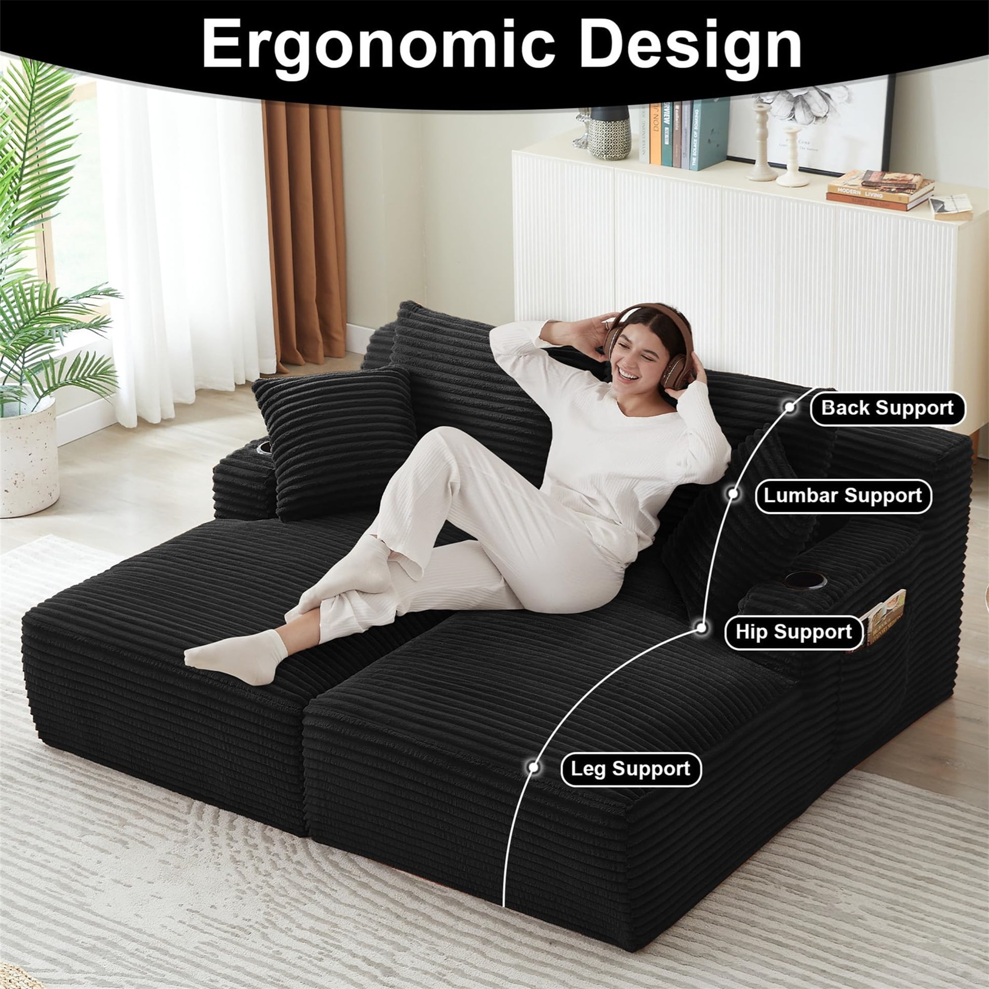 Aukfa Oversized Double Chaise Lounge Modular Boneless Couch for Living Room, 2 Cup Holders, 4 Pillows, Corduroy, Black