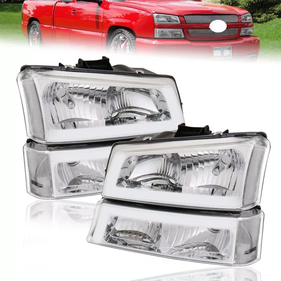 MOSTPLUS Pair Chrome Headlights & Bumper Lamps LED DRL for 03-07 Chevy Silverado Avalanche