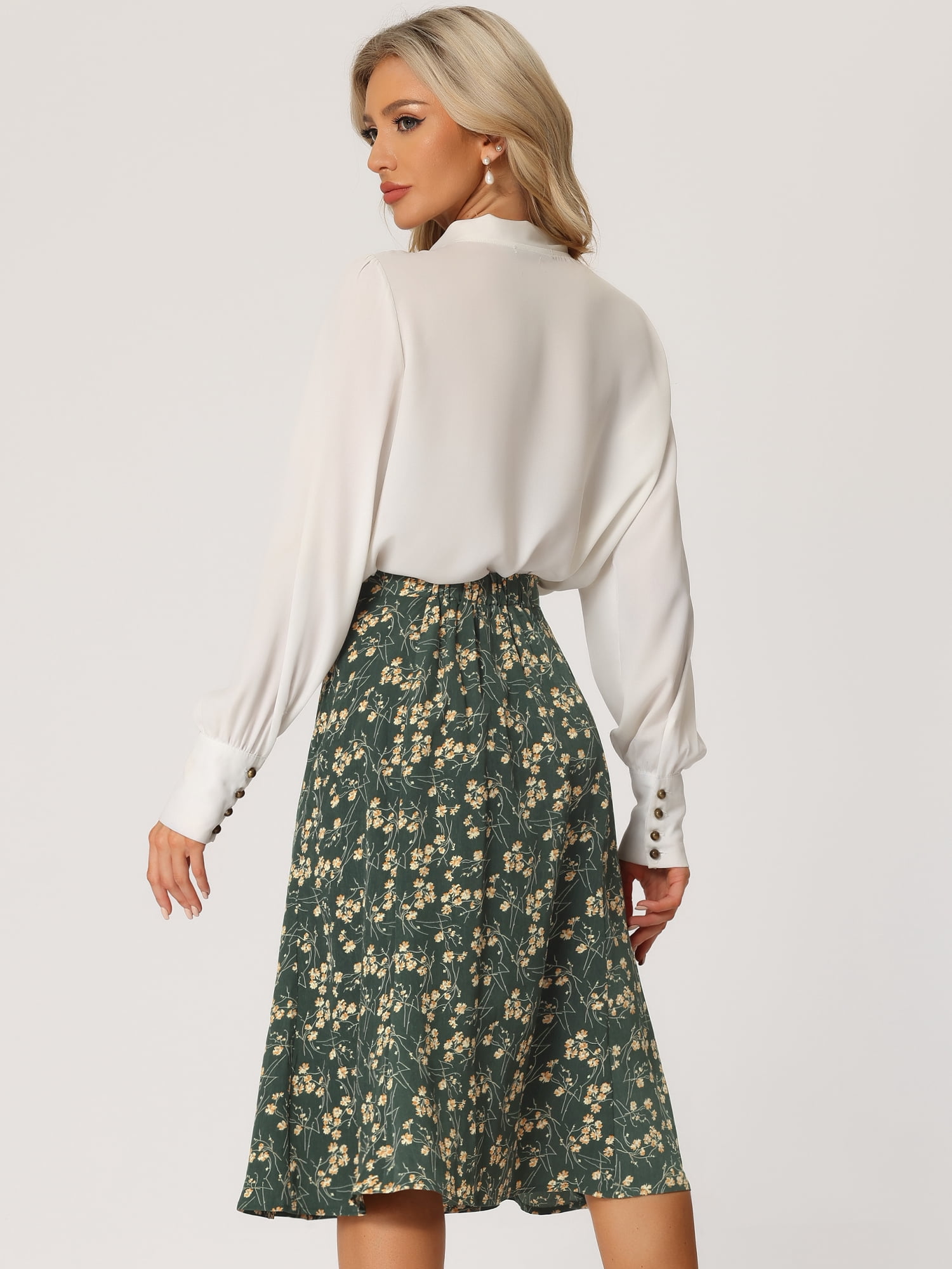 DARING DIVA Women's Elastic Waist A-Line Floral Print Midi Skirt S Dark Green