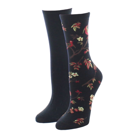 MeMoi Exotic Birds Cotton Blend Crew Socks 2 Pack - Womens - Female, 9-11, Black