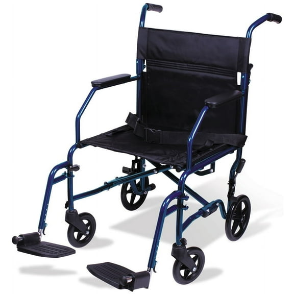 Carex Steel Transport Chair with 19" Seat, Swing-Away Footrests, Blue, 300 lb Weight Capacity
