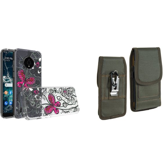 Case and Pouch Bundle for Nokia C200: Slim Series TPU Protector Case (Pink Butterfly) and Vertical Rugged Nylon Belt Holster (Midnight Green)