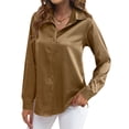 thumbnail image 1 of Blusas de Satén para Mujer, Camisas de Seda con Botones, Blusas Informales de Larga para Negocios Caqui S, 1 of 7