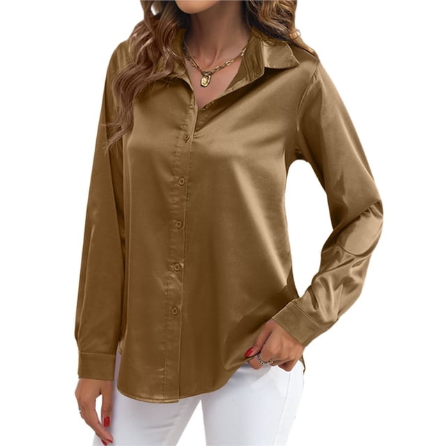 Blusas de Satén para Mujer, Camisas de Seda con Botones, Blusas Informales de Larga para Negocios Caqui S