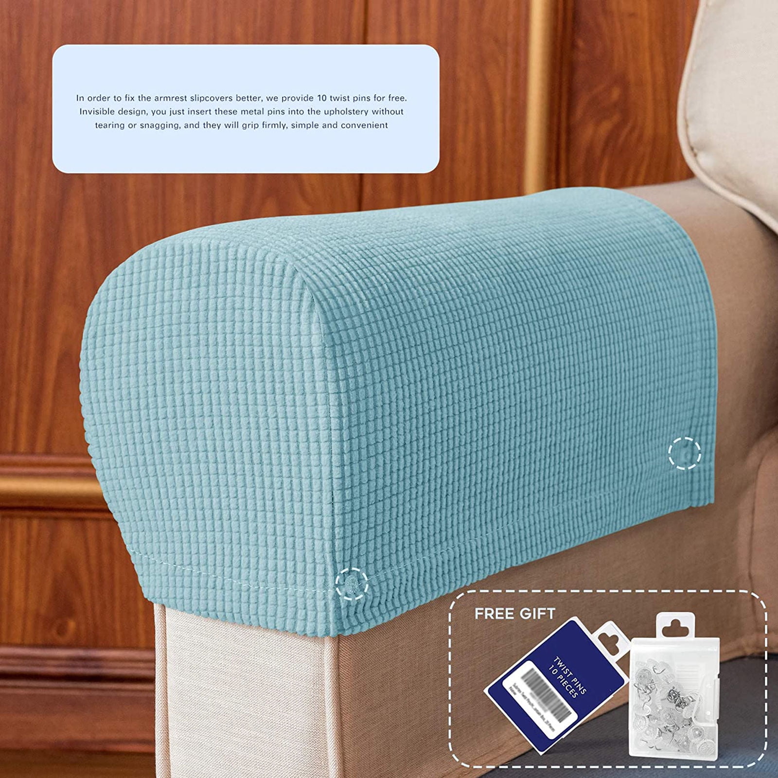 Stretch Armrest Covers, Anti-Slip Couch Arm Cover Spandex Armchair Slipcover for Recliner Sofa Washable Sofa Arm Protector with Twist Needle-Light blue-2 pcs