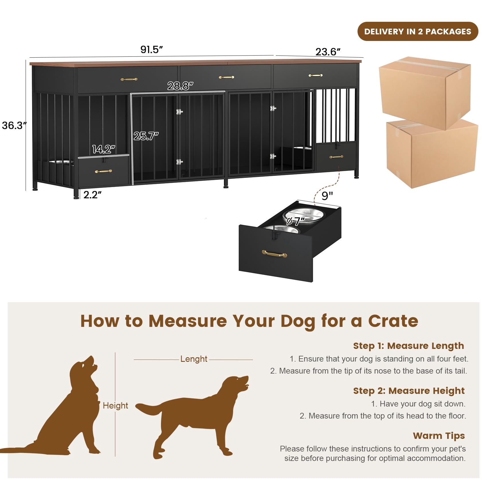 Mowpex Lockable 4-Door 91.5" Wooden Furniture Style Crate for Dogs