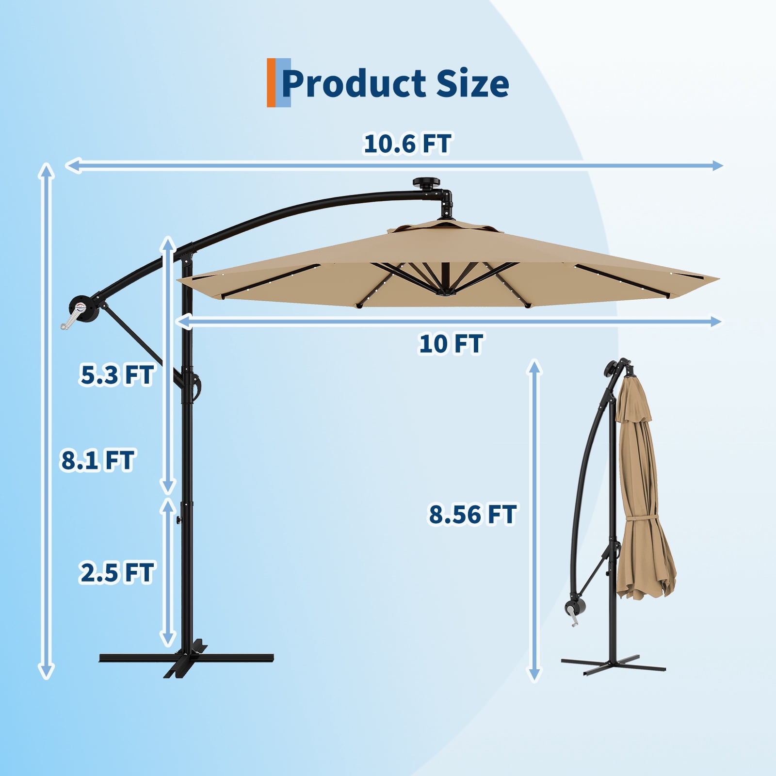 Wildbreak 10 ft Offset Hanging Market Patio Umbrella, with Solar LED, Easy Tilt Adjustment, Tan