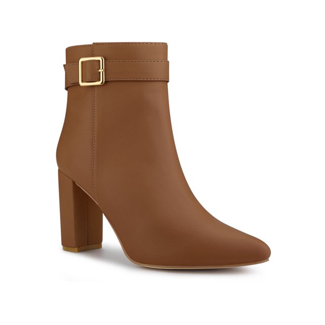 Unique Bargains Women's Pointed Toe Buckle Decor Zipper Chunky Heel Ankle Boots