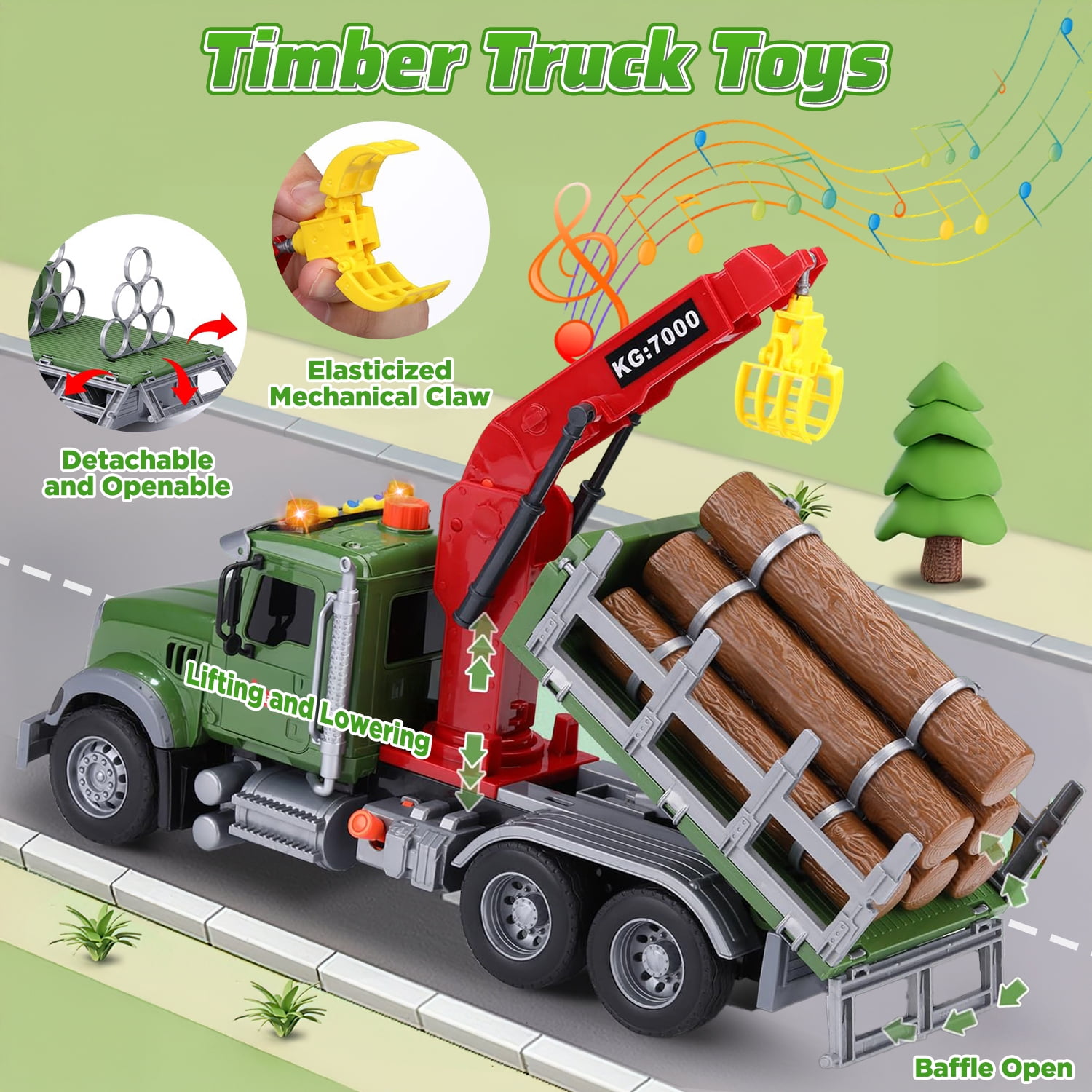 Huge Wave 15" Large Truck Toy for Boys, Kids Tow Truck Toys, with Loading Crane and 6 Timber, Lights and Sounds Christmas Birthday Gifts for 3-9 Year Toddler