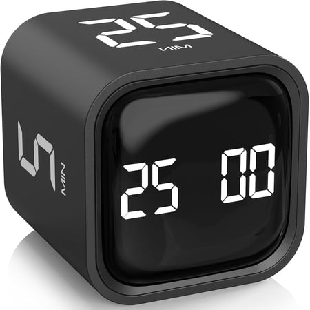 Rotating Pomodoro Timer 5, 25, 10 50 Minutes Preset, Desk Productivity Flip Timer, ADHD Tool Cube Countdown Stopwatch, Vibration/High/Low Volume/Custom Modes, for Work, Study, Back to School, Kitchen