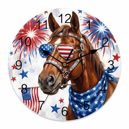 4th of July Wall Clock Funny Pop Art Horse Clocks PVC Silent Non-Ticking Battery Operated USA Flag Star Fireworks Round Clock for Home Living Room Kitchen Bedroom Office School Wall Decor 10 Inch