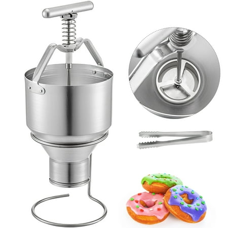 

VEVOR Manual Donut Depositor 5L Dropper Plunger Dough 6 Adjustable Thicknesses Batter Dispenser Hopper with stand Food-Grade Aluminum for Home & Commercial Use