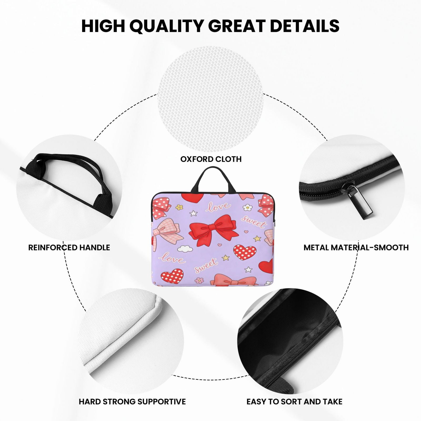 Laptop Sleeve Bag For Women Men 14inch Waterproof Durable Protective Computer Carrying Cover Handle Laptop Case Bag Sweet Love Bow Heart Light Purple