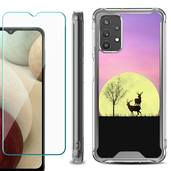 Shockproof Bumper Phone Case for Samsung Galaxy A32 5G, with Tempered Glass Screen Protector, by OneToughShield ® - Moonlight Deer